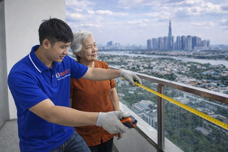 thợ alo247 đo đạc để làm chuồng cọp ban công chung cư