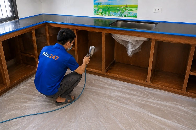 thợ alo247 phun sơn chuyên dụng để sơn lại tủ bếp gỗ đẹp đều màu
