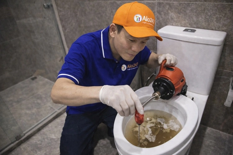 thợ alo247 thông tắc bồn cầu bằng máy lò xo