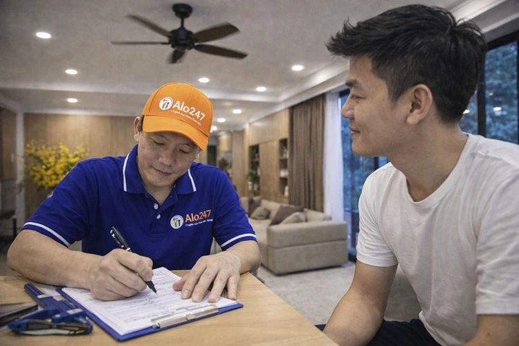 thợ alo247 viết phiếu bảo hành cho khách hàng