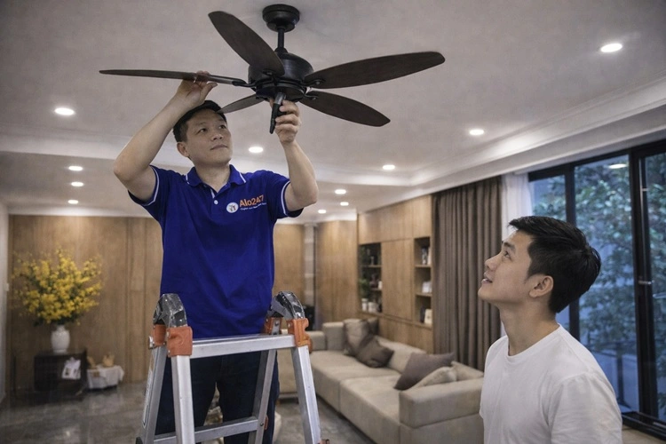 thợ sửa quạt trần alo247 đang kiểm tra kỹ thuật
