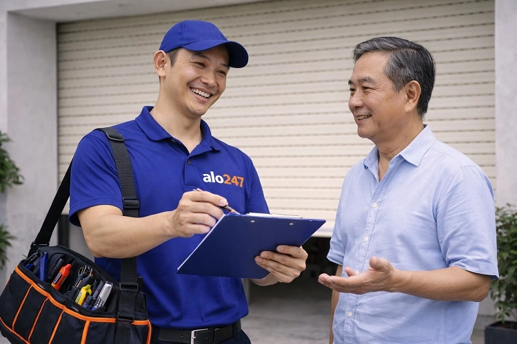 Kỹ thuật viên Alo247 trao đổi và ký bảo hành dịch vụ