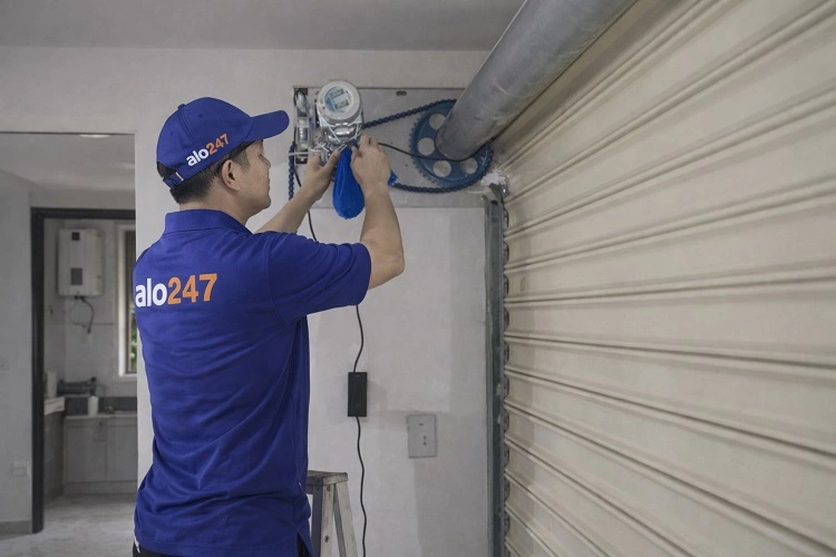 Kỹ thuật viên đang sửa cửa cuốn tại Ba Đình