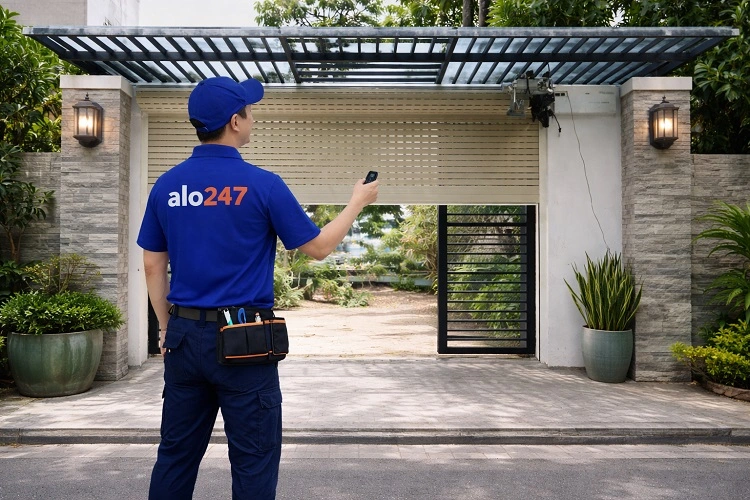 Kỹ thuật viên kiểm tra cửa cuốn bị kẹt