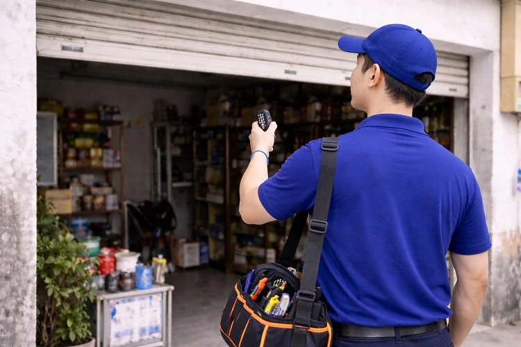 Kỹ thuật viên kiểm tra nguyên nhân gây lỗi hỏng cửa cuốn