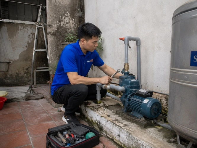 Thợ Alo247 đang khắc phục máy bơm không chạy