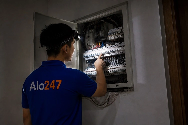Thợ Alo247 đang kiểm tra aptomat không đóng được