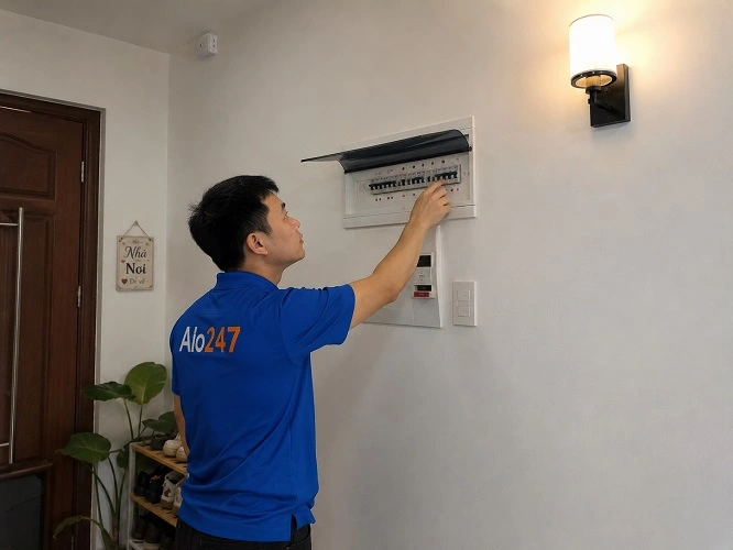 Thợ Alo247 đang kiểm tra và sửa aptomat tại Cầu Giấy