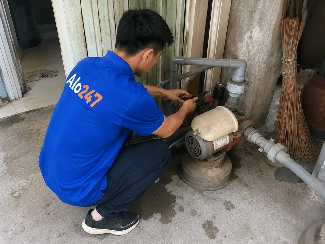 Thợ Alo247 đang sửa máy bơm không chạy
