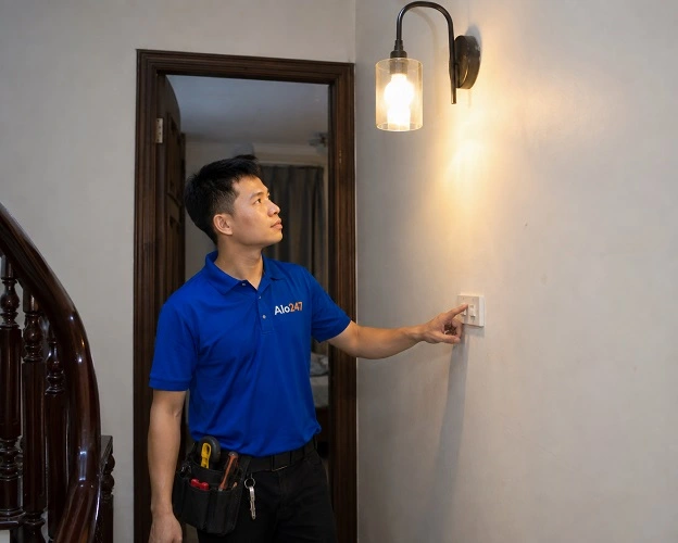 Thợ Alo247 kiểm tra ánh sáng sau khi thay bóng đèn
