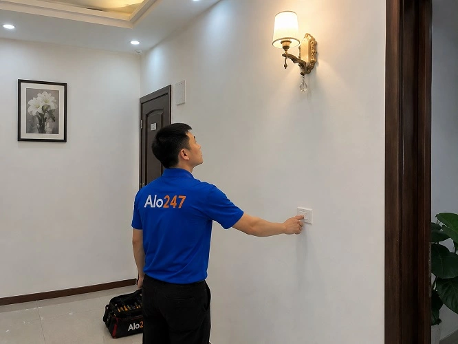 Thợ alo247 đang kiểm tra lại sau khi thay bóng đèn