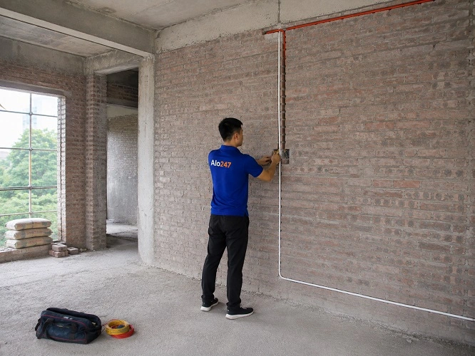Thợ alo247 đang thi công đường điện cho nhà mới xây tại Hoàng Mai