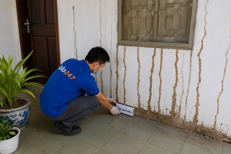 Thợ alo247 diệt mối bằng việc đặt hộp nhử mối tại Ba Đình
