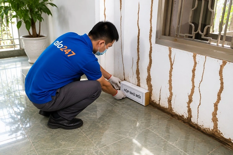 Thợ alo247 diệt mối bằng việc đặt hộp nhử mối tại Đống Đa