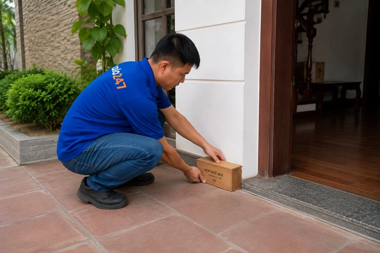 Thợ alo247 diệt mối bằng việc đặt hộp nhử mối tại Long Biên
