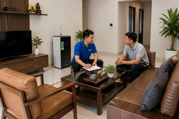 Thợ alo247 trao đổi bảo hành dịch vụ sau khi khắc phục lỗi thiết bị