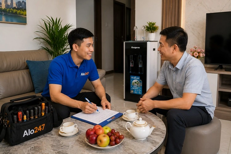 Thợ alo247 trao đổi thông tin bảo hành dịch vụ sửa máy lọc nước tại Đống Đa
