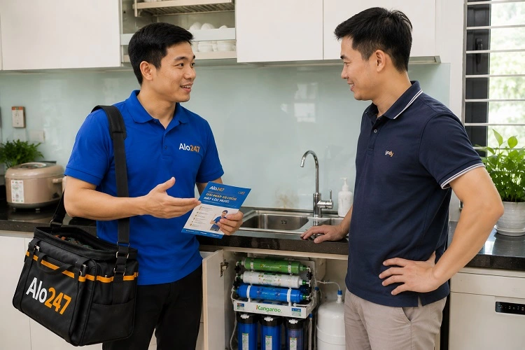 Thợ alo247 trao đổi thông tin bảo hành dịch vụ