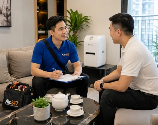 Thợ alo247 trao đổi về bảo hành dịch vụ