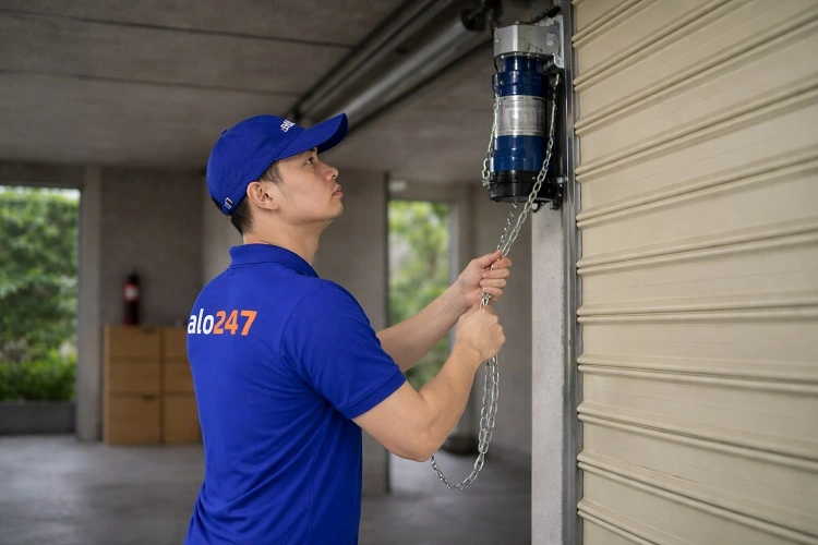 Thợ kiểm tra cửa cuốn bị kẹt không mở được