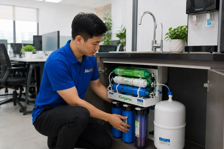 Thợ kiểm tra trước khi sửa máy lọc nước tại Từ Liêm