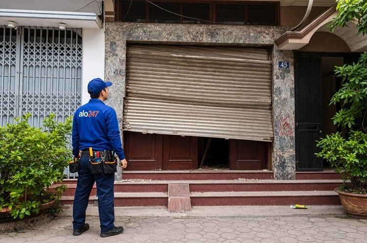 Thợ kiểm tra và sửa chữa cửa cuốn bị cong vênh.