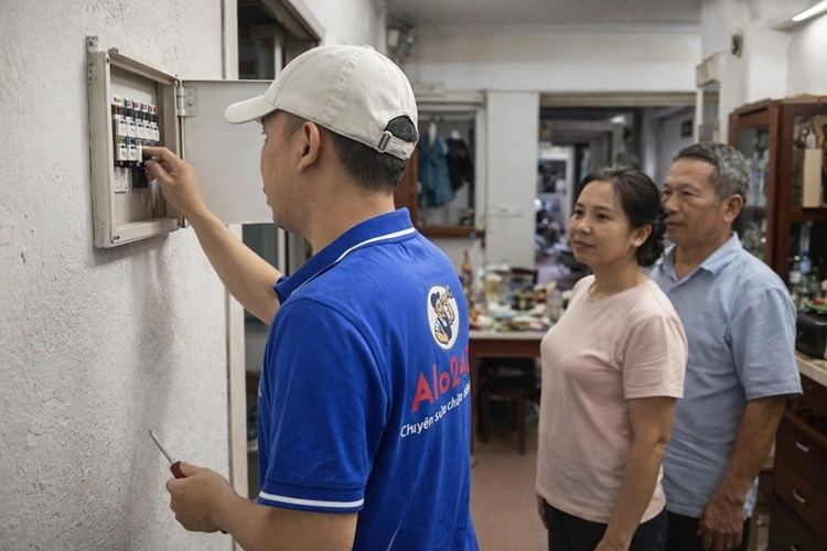 Thợ Alo247 đang kiểm tra bảng điện