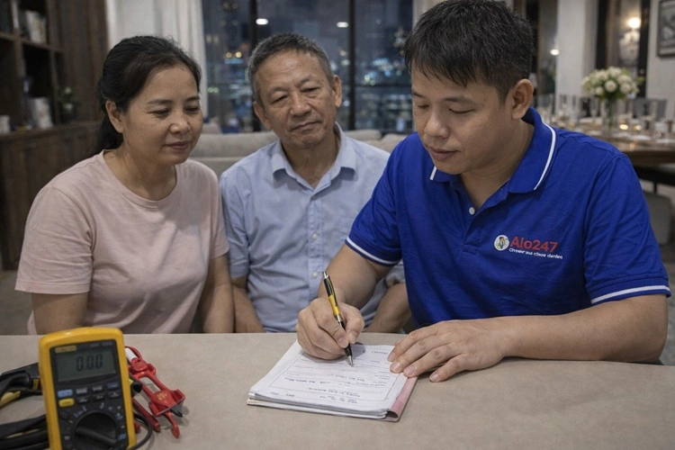 Thợ Alo247 viết phiếu bảo hành cho khách hàng sửa điện