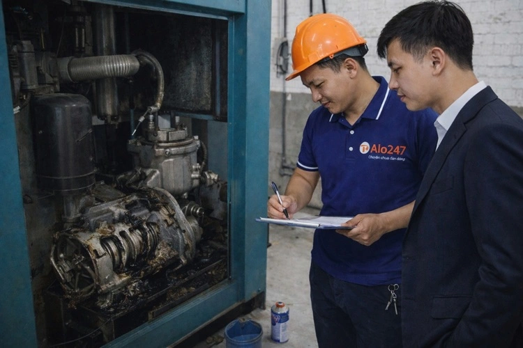thợ alo247 đang khảo sát máy nén khí cùng khách hàng