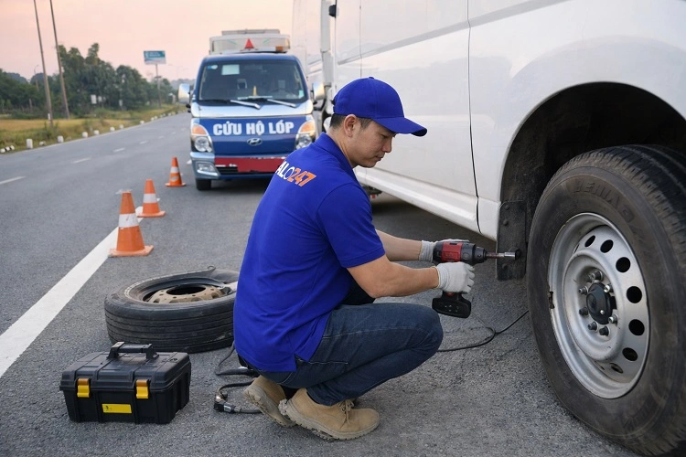 Kỹ thuật viên sửa lốp trên đường cao tốc