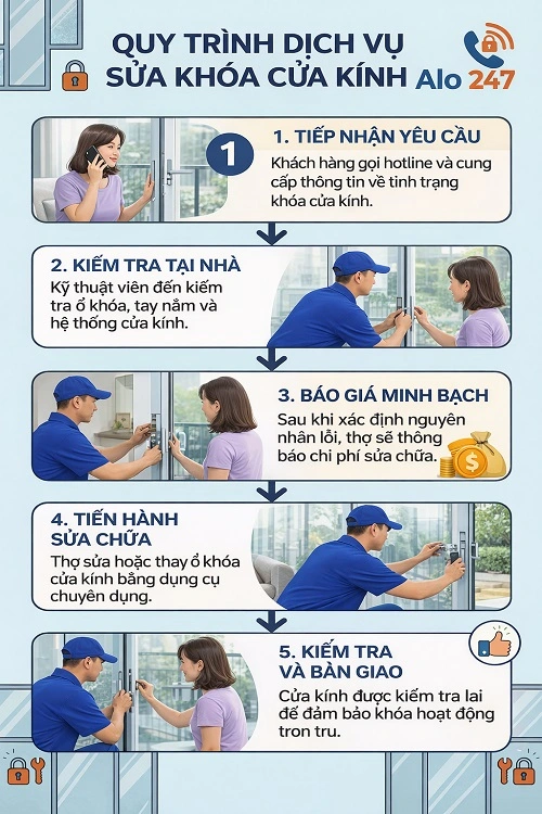 Quy trình dịch vụ sửa khóa cửa kính của Alo247