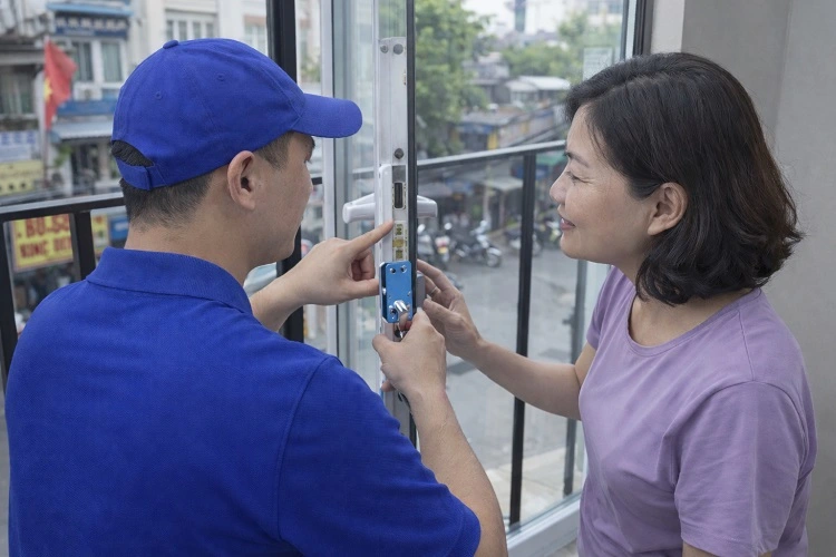 Thợ alo247 bàn giao khoá cửa kính đã sửa
