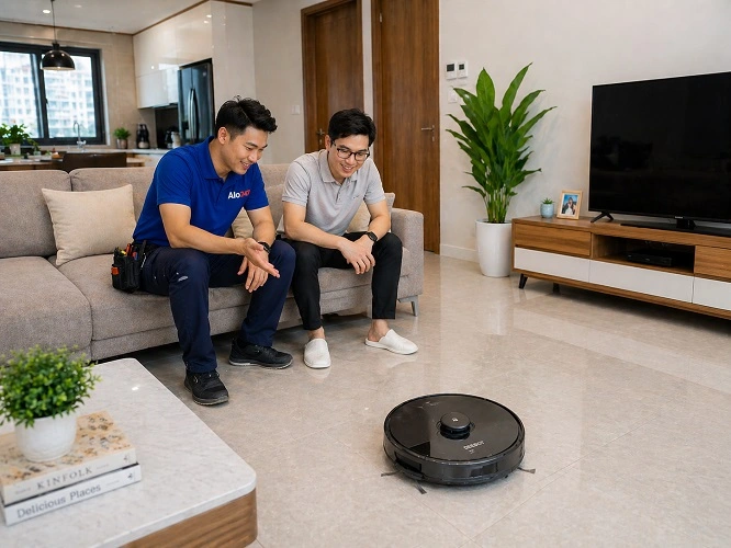 Thợ alo247 chạy thử thiết bịt trước khi bàn giao