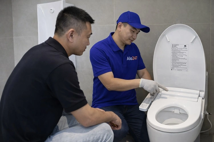 Thợ hướng dẫn sử dụng bồn cầu thông minh