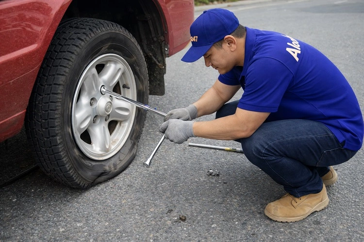 Thợ sửa xe thay bánh xe ô tô