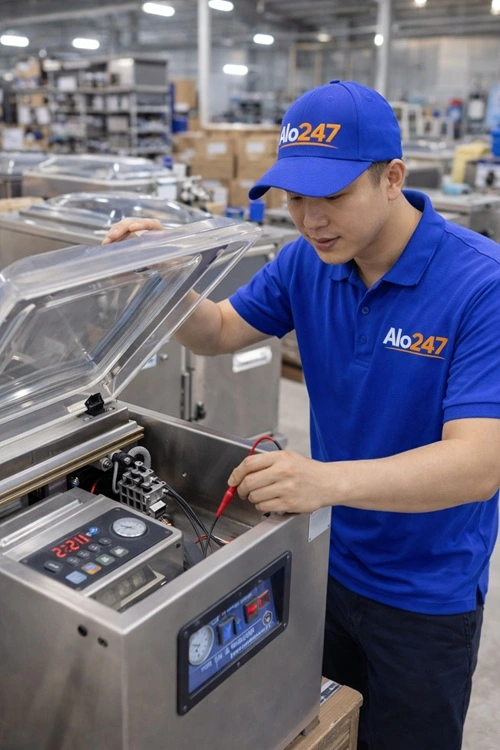 Kỹ thuật viên alo247 kiểm tra máy đóng gói chân không