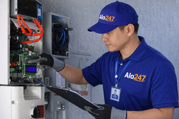 Kỹ thuật viên kiểm tra inverter năng lượng mặt trời