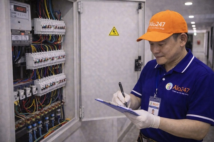 kỹ thuật viên alo247 đang kiểm tra bảng điện