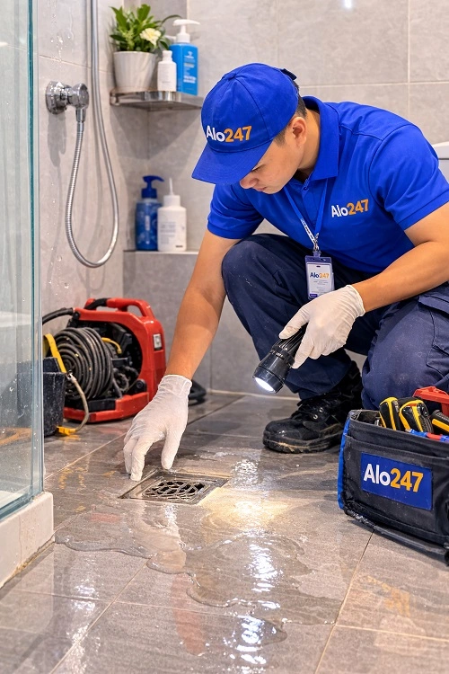 Kỹ thuật viên Alo247 kiểm tra cống tắc