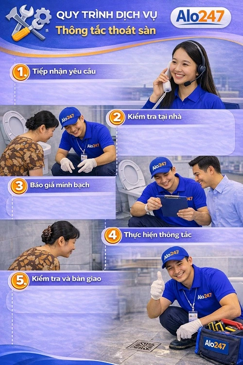 Quy trình dịch vụ thông tắc thoát sàn alo247