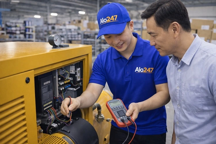 Kỹ thuật viên alo247 kiểm tra máy nén khí