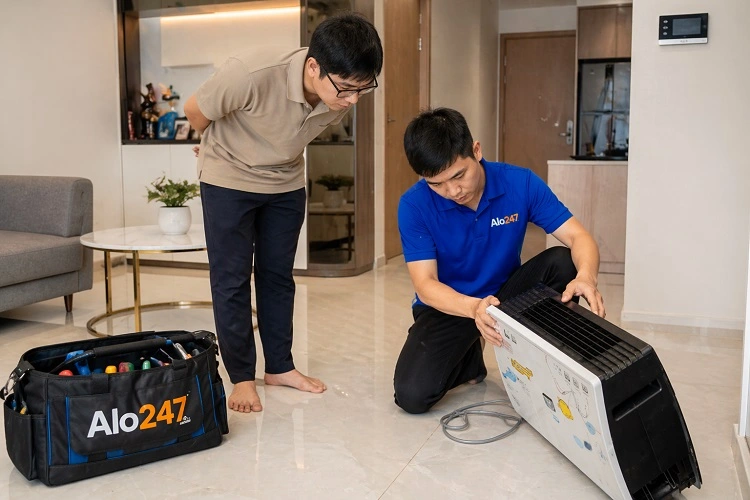 Thợ trao đổi phương án sửa máy lọc không khí trước khi sửa tại Hà Nội