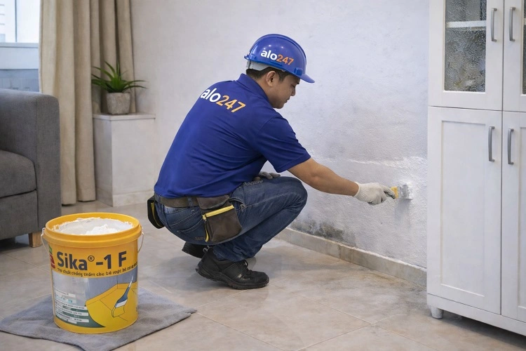 Thợ Alo247  lăn sơn chống thấm Sika xử lý mảng tường ẩm mốc trong nhà.