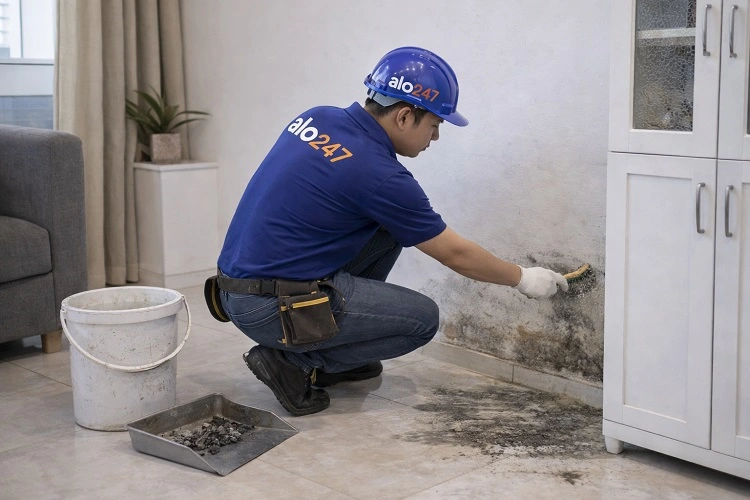 Thợ Alo247 cạo sạch lớp rêu mốc, vệ sinh bề mặt tường bị thấm nước trước khi thi công