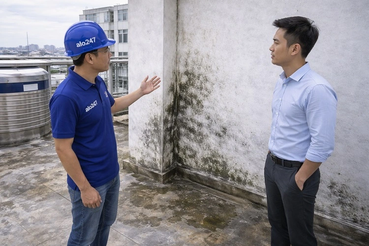 Thợ Alo247 đang khảo sát tình trạng tường mái bị thấm ẩm và rêu mốc