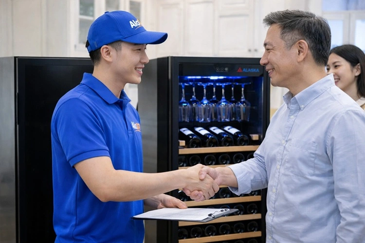Kỹ thuật viên alo247 bàn giao tủ rượu đã sửa chữa