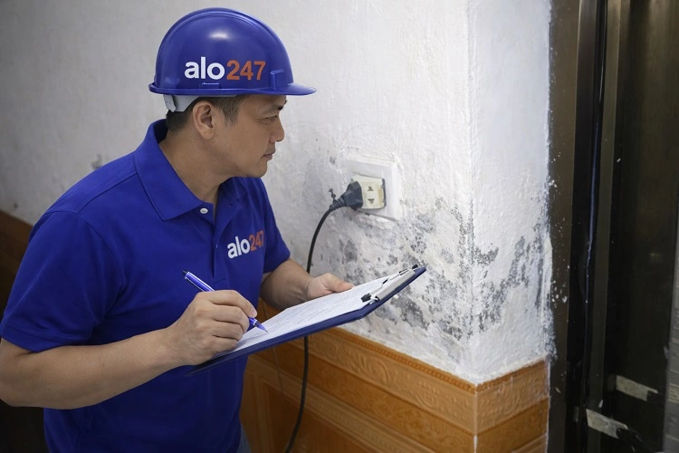 Kỹ thuật viên kiểm tra tường nấm mốc