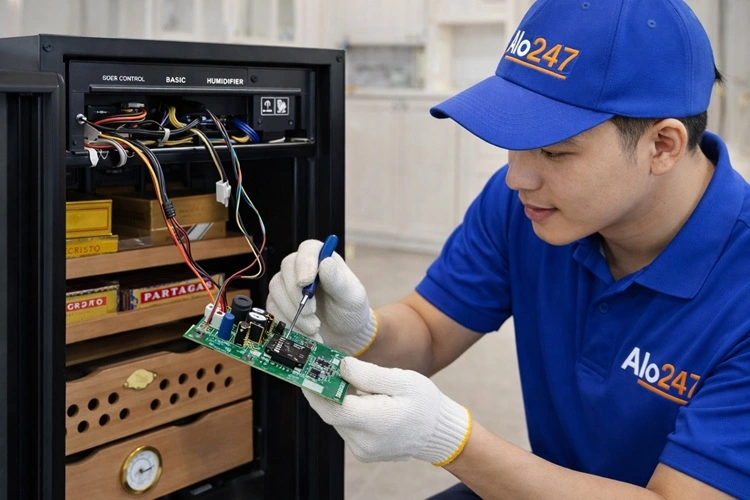 Kỹ thuật viên alo247 sửa chữa mạch điện tử của tủ xì gà