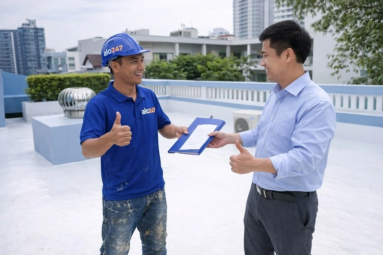 Thợ Alo247 bàn giao công trình và ký cam kết bảo hành chống thấm cho khách hàng