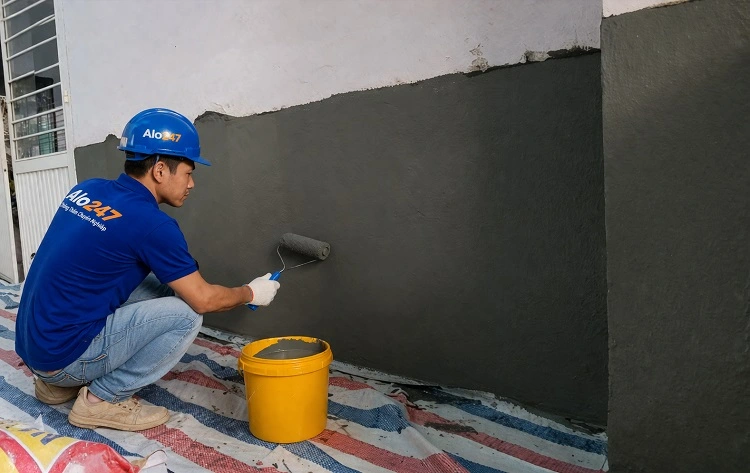 Thợ chuyên nghiệp đang chống thấm tường
